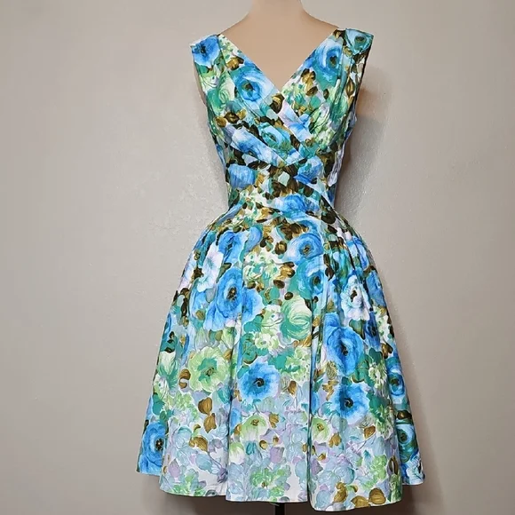 True Vintage Alix Of Miami 1950s Fit And Flare Floral Dress Blue, Green Cupcake - Picture 1 of 17